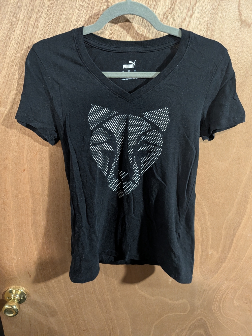 Puma Women's Black V-Neck Tee with Silver Stud Fox Graphic